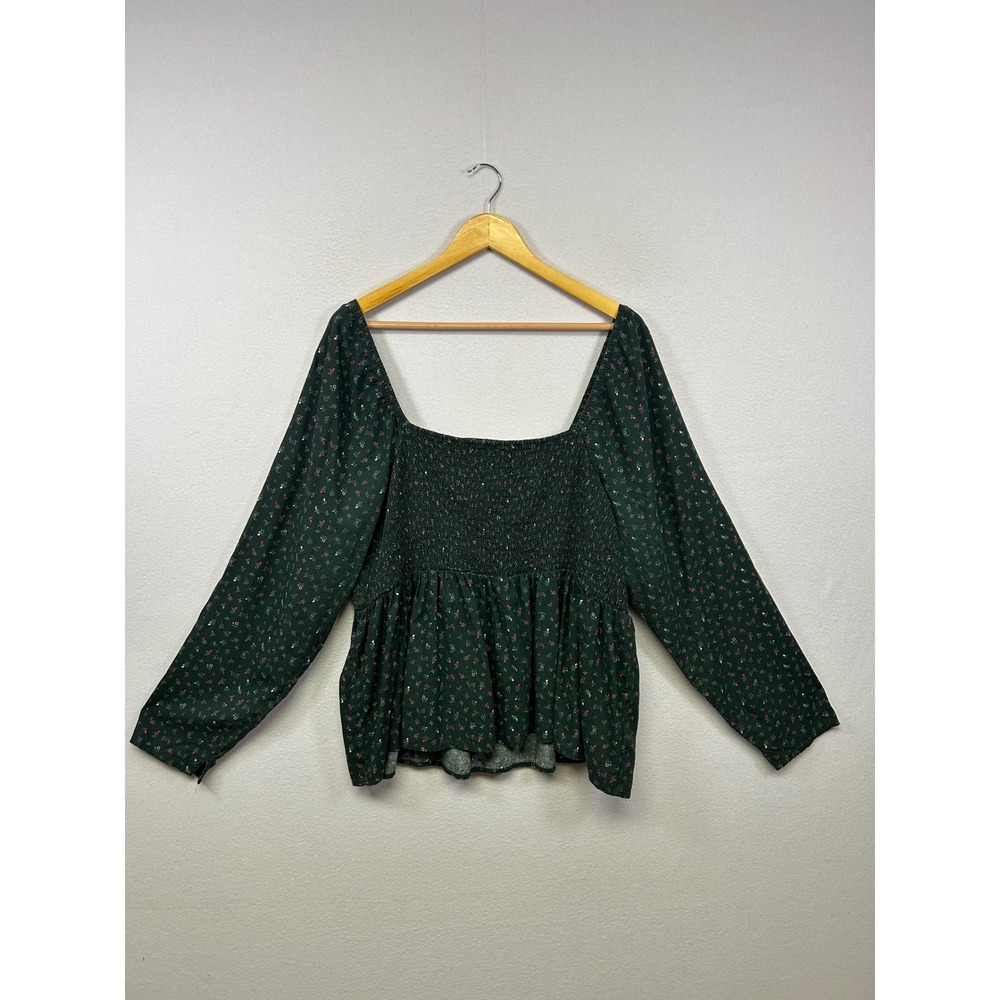 Cottagecore Old Navy Womens XXL Tall Green Floral Smocked Peplum Blouse